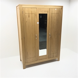  Light oak triple wardrobe, two doors flanking central mirror, stile supports, W133cm, H186cm, D56cm  