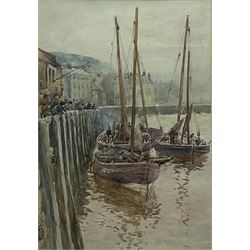 English School (19th/20th century): Fishing Boats on the Quayside Whitby, watercolour indistinctly signed 50cm x 35cm