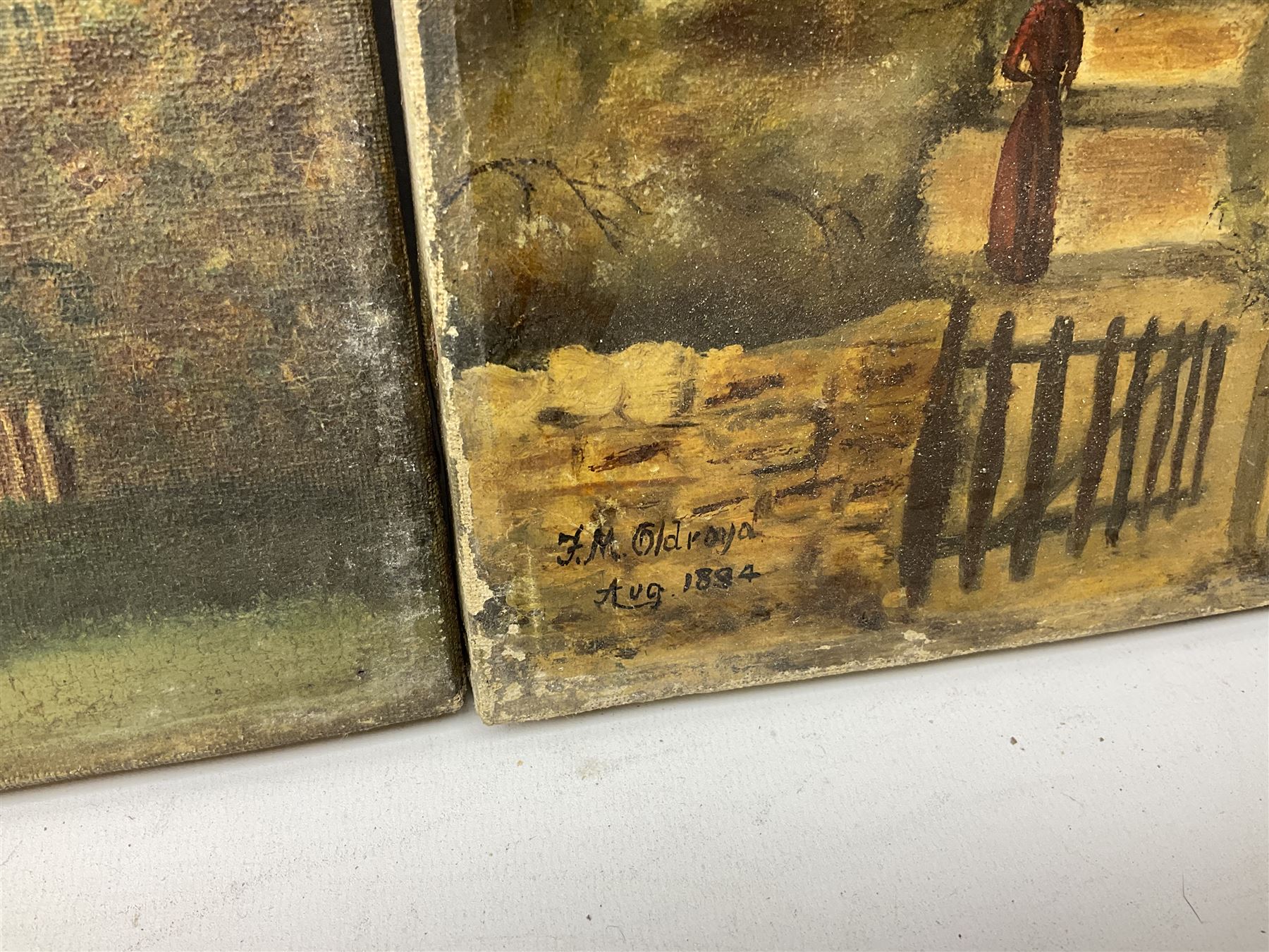 J M Oldroyd (British 19th century): Church with Figure, oil on canvas signed and dated 1894; Michael Langdale (British 20th century): 'Morvah Church', oil on canvas signed and dated '92 together with another 19th century oil of a similar subject and three further pictures of churches max 28cm x 38cm (6)