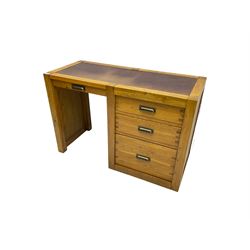 Oak military style desk, single pedestal fitted with thee drawers, keyboard slide, brown leather top
