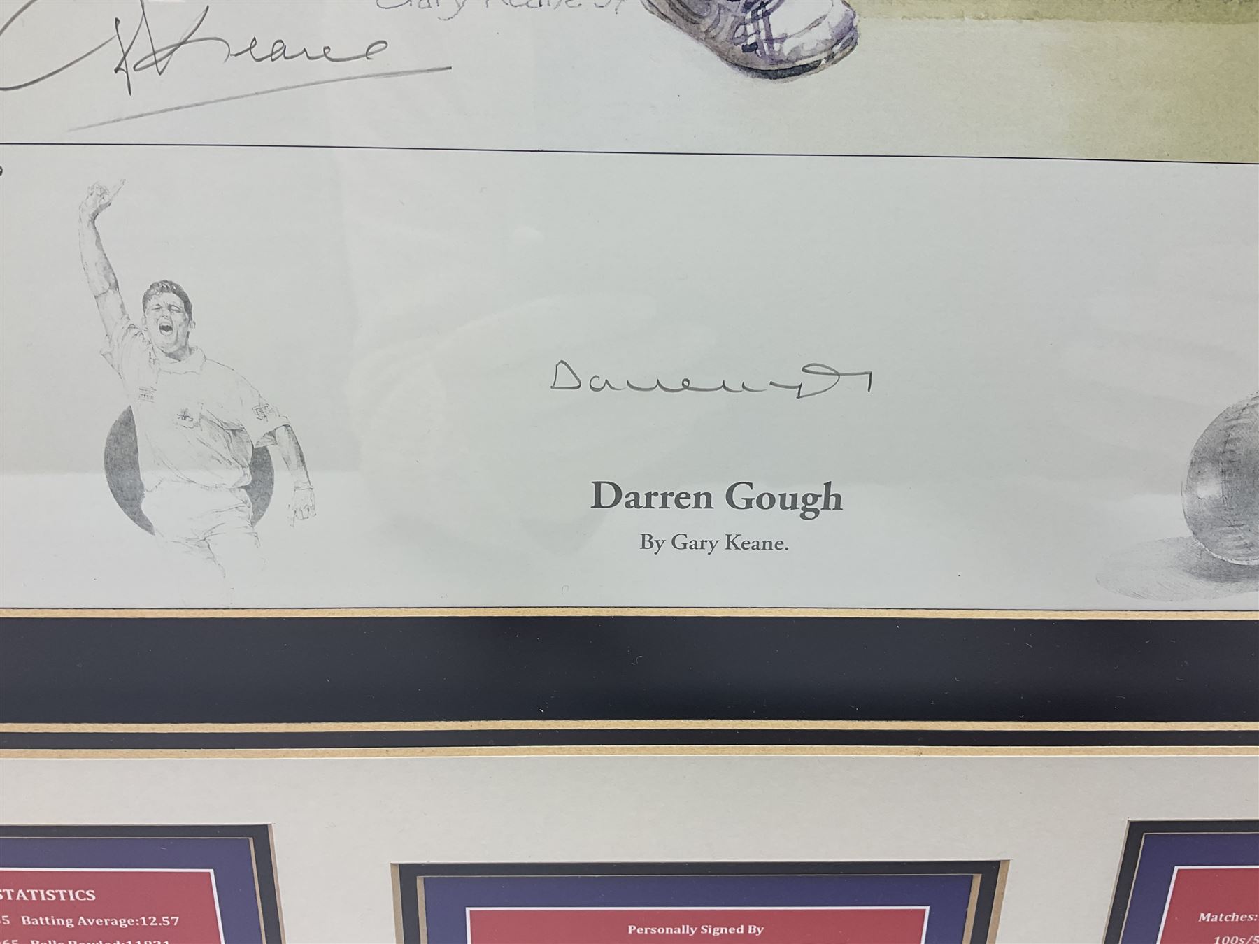 Two signed Yorkshire County cricket bats, bearing signatures including Anthony McGrath, Jacques Rudolph, Michael Vaughn and Matthew Hoggard, etc, both within glazed presentation boxes, box H86.5cm, together with a framed Darren Gough signed presentation print by Gary Keane