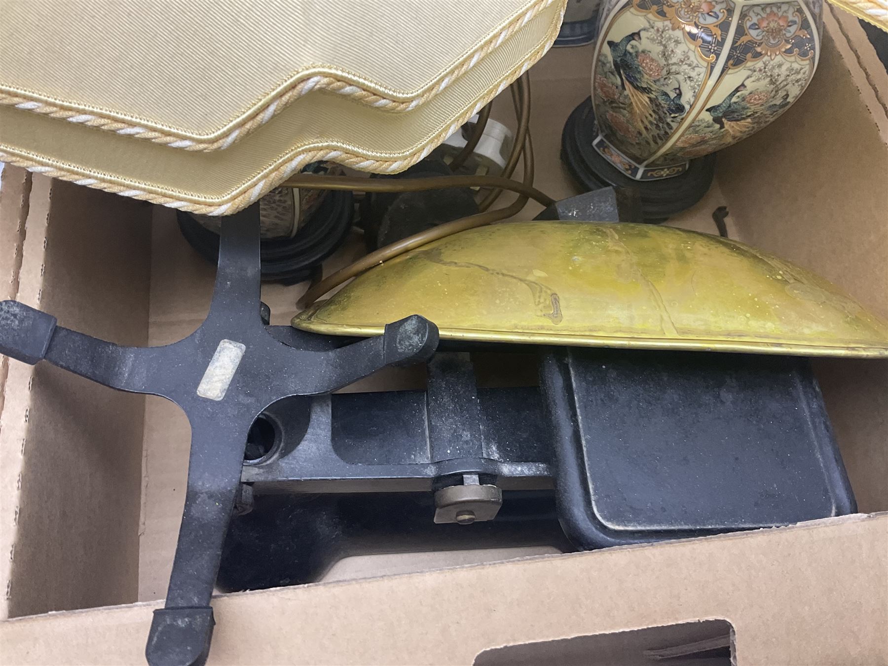 Set of metal weighing scales, pair of Chinese style ceramic table lamps, blue and white ceramics, oriental ceramics and a collection of other glassware, metal ware and collectables, in five boxes 
