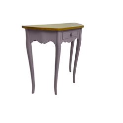 Painted console table, shaped top over single frieze drawer 