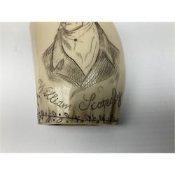 Scrimshaw style resin whale's tooth with incised decoration commemorating William Scoresby and The Baffin, Whitby, L14cm