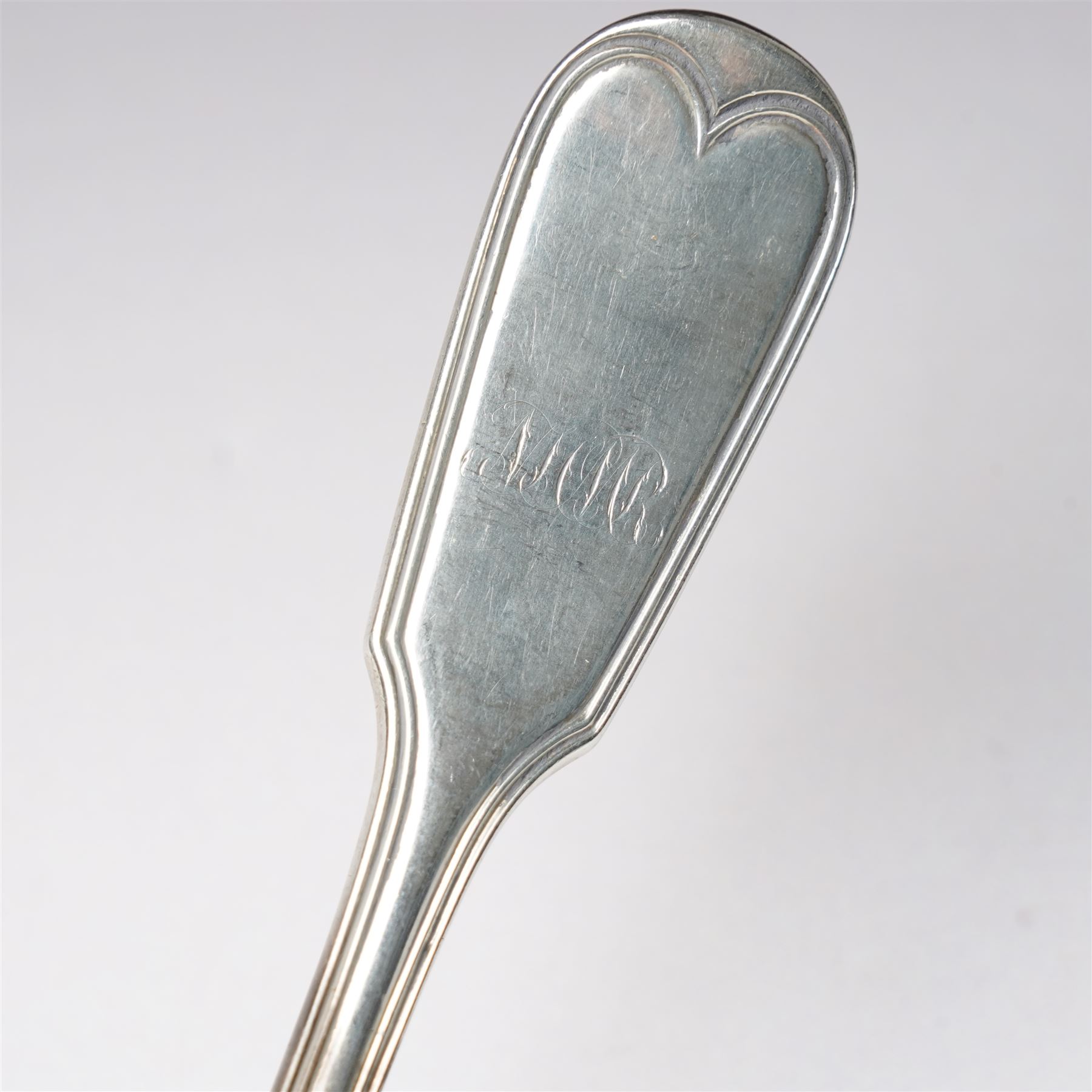 Set of four Victorian silver fiddle and thread pattern table forks engraved with a monogram London 1861 Maker The Portland Company