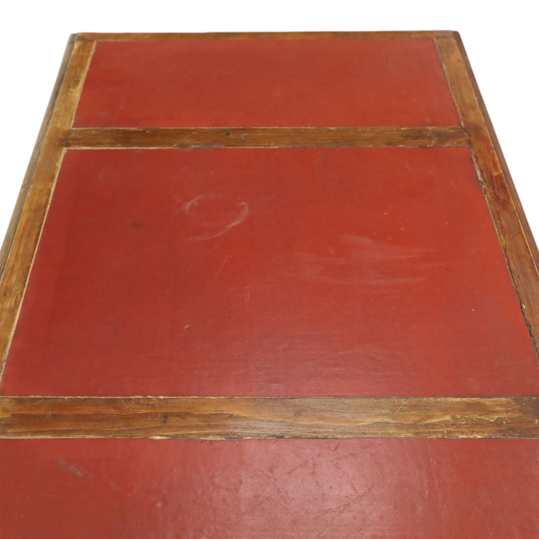 Late 19th century twin-pedestal desk, red leather inset top over an assortment of eleven drawers, on plinth base (W126cm D65cm H77cm); with Edwardian oak framed Captains swivel desk chair, of tub shaped form with spindle back supports (W60cm H89cm)