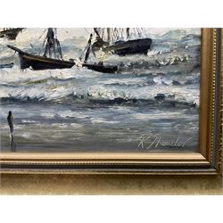 Robert Sheader (British 20th century): Scarborough South Bay at Low and High Tide, pair oils on board signed 21cm x 49cm (2)