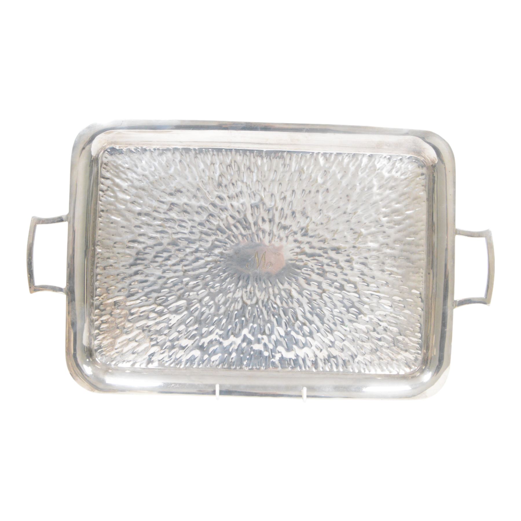 Hukin & Heath planished silver plate coffee tray attributed to Christopher Dresser, with similar coffee set comprising pair of coffee pots, of cylindrical tapering form with strapwork handles, milk jug and open sucrier, all engraved with initial to center, tray L48cm 