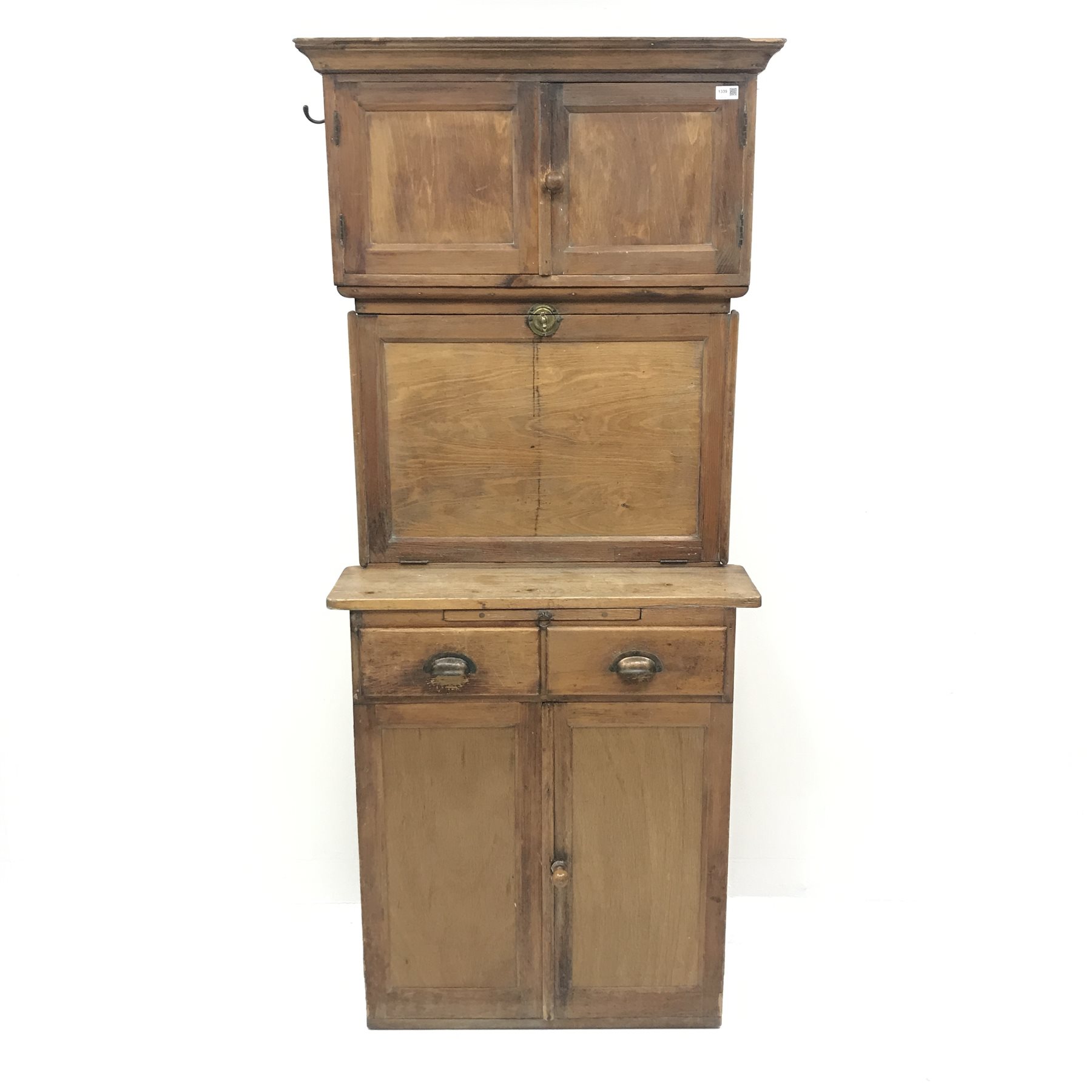 1920s Quicksey kitchen cabinet, two cupboards above fall front enclosing fitted interior, two drawers and two cupboards, W78cm, H181cm, D44cm
