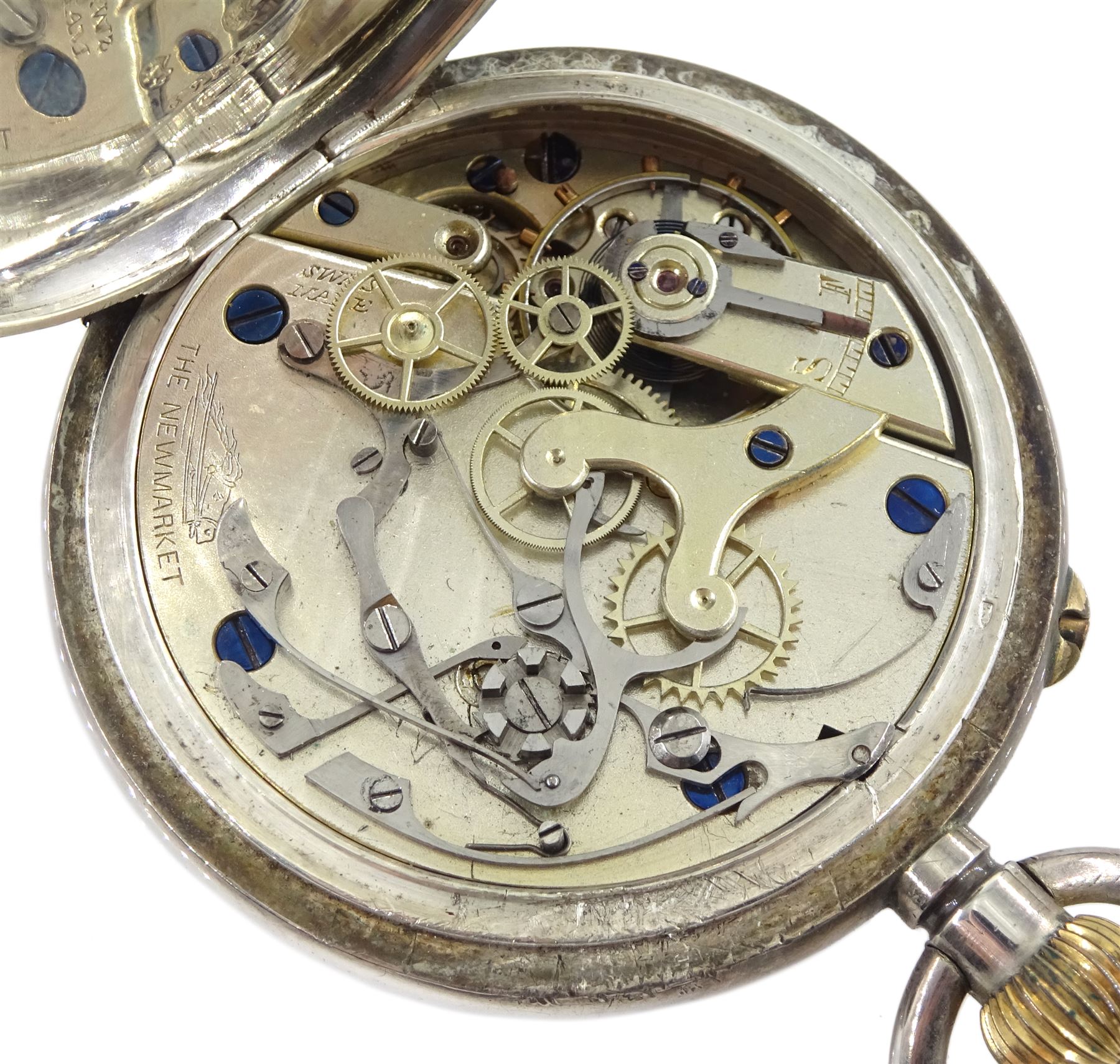 19th century Swiss silver open face keyless chronograph pocket watch, white enamel dial with Roman numerals, centre seconds and thirty minute recording dial, over constant seconds outer minute ring, plate signed 'The Newmarket', case No. 39585, makers mark K&Co, Swiss hallmarks, in fitted silk and velvet lined case by Cooke & Kelvey, Calcutta & Simla, back paper dated 1895