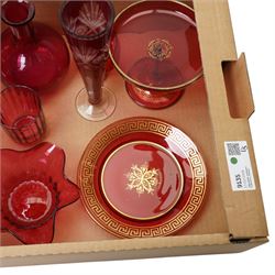 Cranberry glass small tazza with gilt decoration, similar plate, etched vase and other cranberry glass items