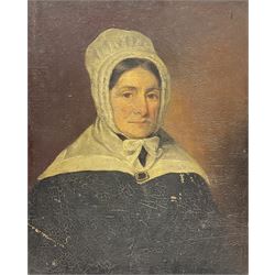 English School (Early 19th century): Portrait of 'Janet Sanderson', Woman Wearing Bonnet, oil on board unsigned, labelled verso 28cm x 23cm (unframed)
