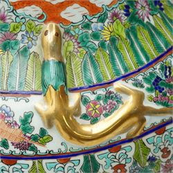 Pair of large 20th century Chinese famille rose floor vases, each of baluster form with waisted neck with gilt foo dog mounted shoulders, and lobed flared rim, decorated with alternating reserves of figures and birds and butterflies amidst blossoming flowers, the white ground profusely detailed with flower heads, each with character mark beneath, H87cm 