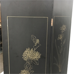 Chinese black lacquered four panel screen with engraved decoration, H183cm, W43cm per panel