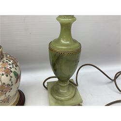 Agate table lamp with brass mounts, together with agate table lighter and dish, and two oriental style baluster form table lamps on bases, largest H33cm incl fitting