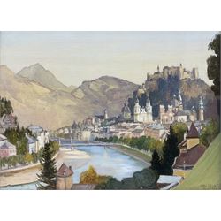 Mary Dawson Elwell (British 1874-1952): 'Salzburg Castle', oil on panel signed and dated 1929, original title label with artist's address verso 25cm x 35cm
Provenance: East Yorkshire dec'd estate; with Dee Atkinson & Harrison, Driffield, 3rd July 2009 Lot 466