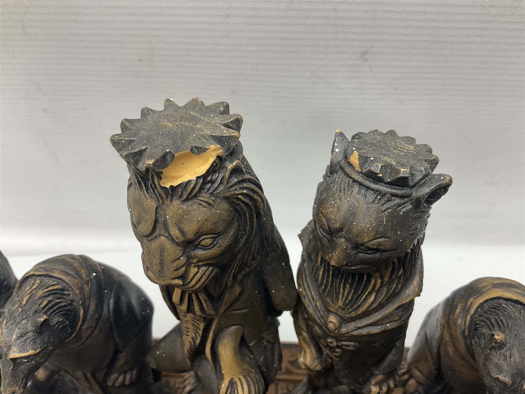 Chess set and resin chess pieces moulded as various animals, the pawns as monkeys, Kings as lions etc, board L46cm, W46cm, king H19cm