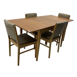 Gordon Russell - mid century walnut and teak extending dining table, with leaf, and four chairs upholstered in embossed vinyl 