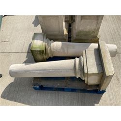 Set of four cast stone architectural columns, tapering form, on square plinth bases
