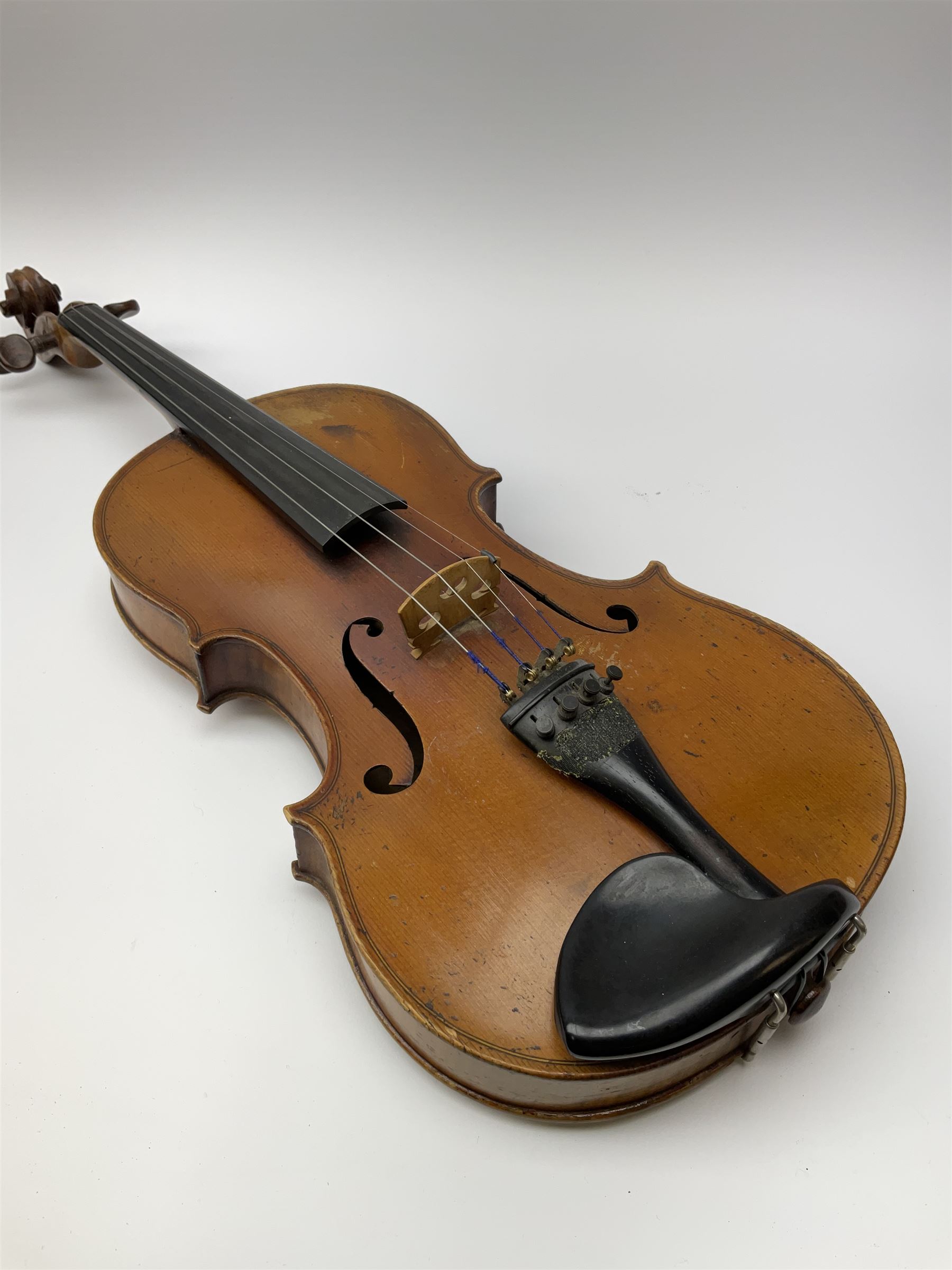 French Mirecourt violin c1920s with 36cm one-piece maple back and ribs and spruce top, labelled Jermone Thibouville-Lamy, L59cm, in fitted carrying case with German bow and 1984 valuation certificate by Frome Valley Music
