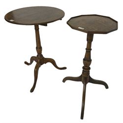 Early 19th century elm and oak tripod table, decagon oak top with raised edge, on turned column with three splayed supports (H74cm); and an early 19th century elm and oak tripod table, circular oak tilt top on turned column with three splayed supports (H70cm) 