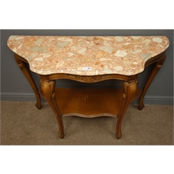  Reproduction carved beech console table with shaped marble top, (W101cm, H74cm, D36cm) and an oak folding 'ATCRAFT' nursing chair, floral upholstered back and seat, (W51cm, H85cm)  