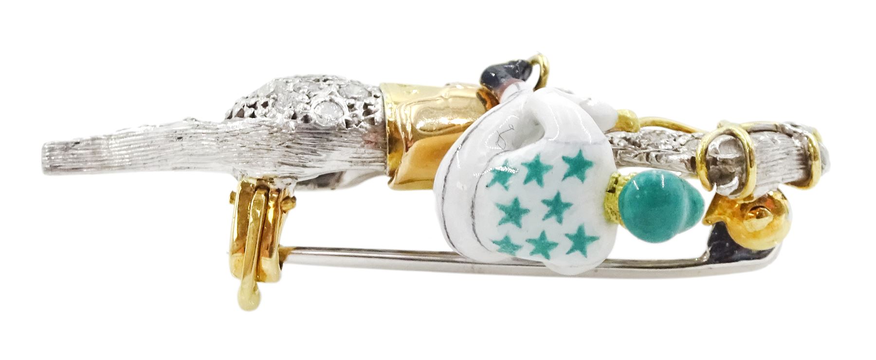 18ct gold diamond and enamel jockey brooch by Alabaster & Wilson, the galloping racehorse with pave set single cut diamonds, the jockey with green and white star colours, Birmingham 2004