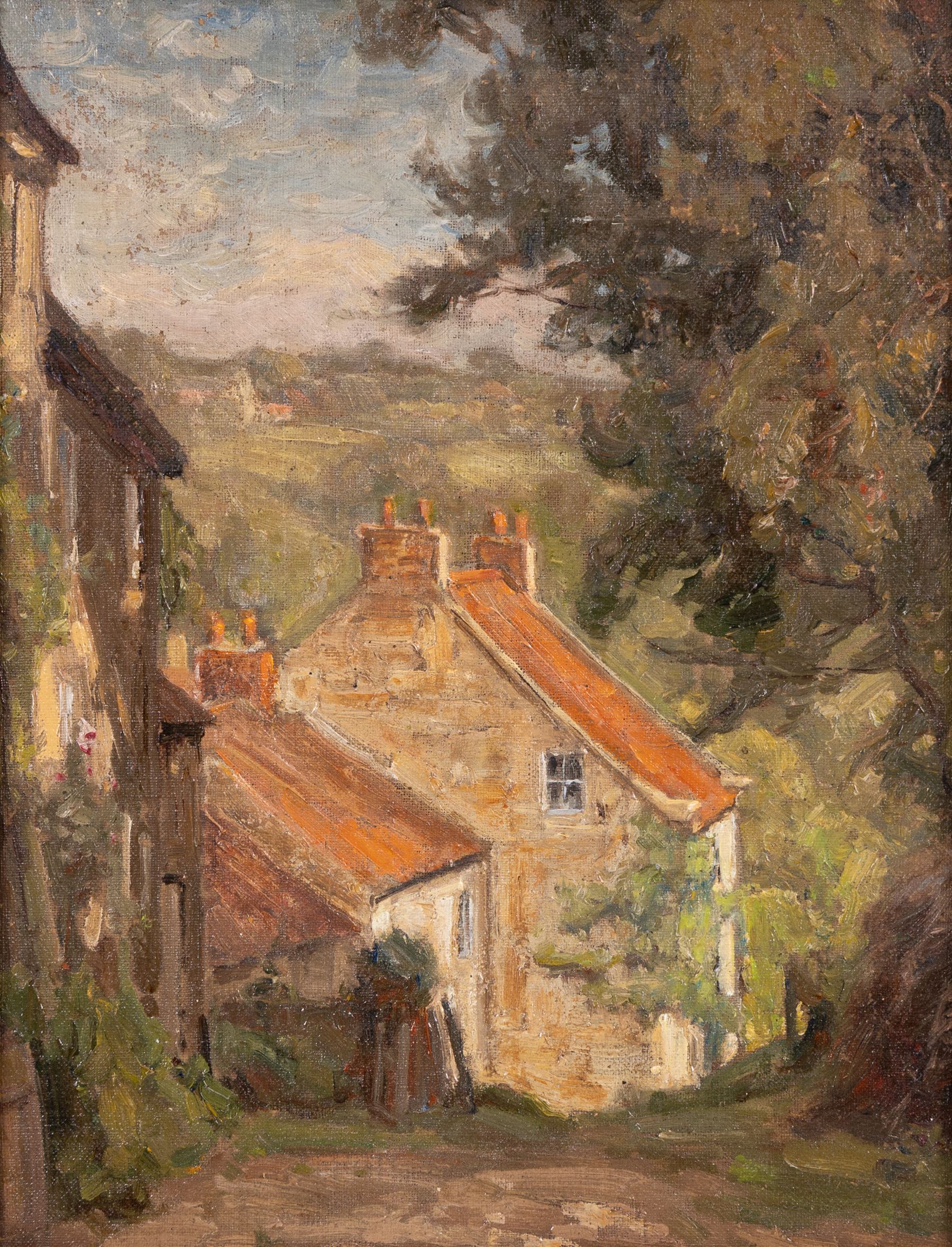 William Edwin Tindall (Scarborough 1863-1938): Street in the Moors, oil on canvas laid on board, inscribed verso 28.5cm x 22cm