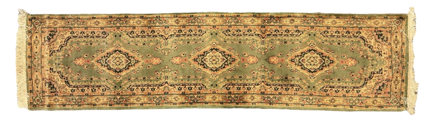 Pair of Bangladeshi olive ground runner rugs, machine-made with 100% jute pile, each with three central diamond-shaped medallions with intricate floral motifs, the field decorated with scrolling floral designs, bordered by stylised floral patterns 