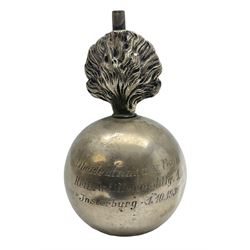 Pre-WW2 German presentation silver mess cigar lighter in the form of a flaming globular grenade with flambe finial inscribed 'Oberleutnant v.Both Reit. Artillerieabtlg. 1 Jnsterburg 1.10.1936' and 'R1' verso; marked 'Moon Crown 835 D. Gadebusch' H10cm