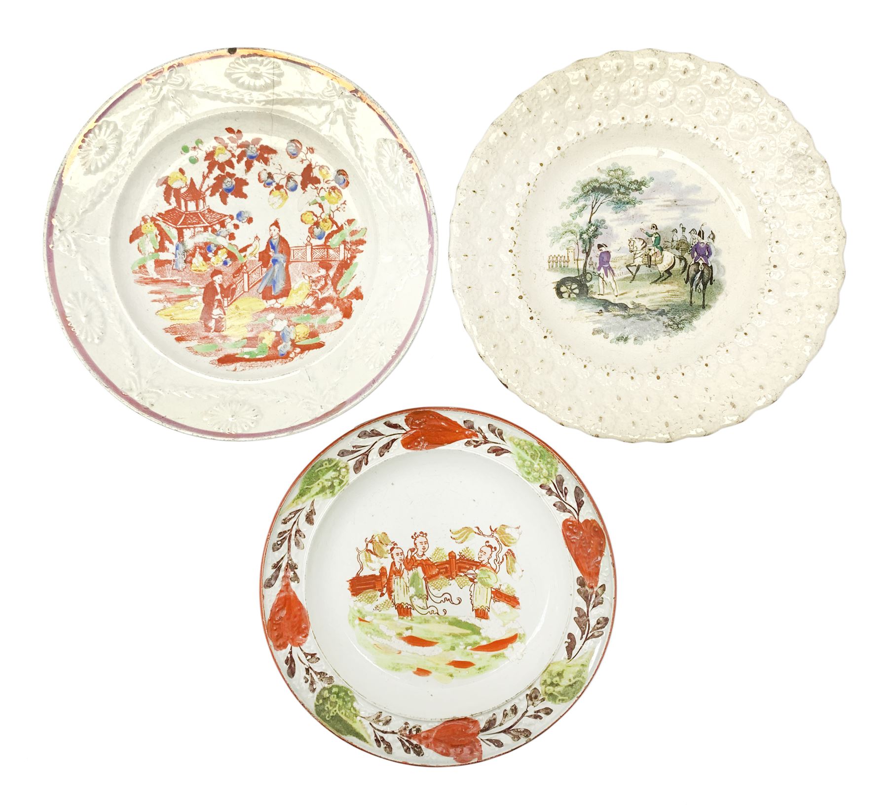 Three 18th/19th century nursery plates, comprising example decorated with central printed chinoiserie scene of pagoda, fence and two figures with bird, within a moulded swag and patera border, D18cm, a William Smith & Co example decorated in the Napoleon pattern with moulded floral border, with printed mark detailed Napoleon WS&Co and faint impressed mark WS&Co's Wedgewood beneath, D18cm, and a pearlware example decorated with chinoiserie figural scene within a moulded border, with overpainted decoration, collectors label beneath inscribed 'Early Wedgwood or Leeds 1750-60', D16cm

