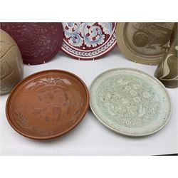 Collection of studio pottery, to include baluster vase with impressed decoration, lustre dish on footed base, bowl with abstract internal decoration etc 