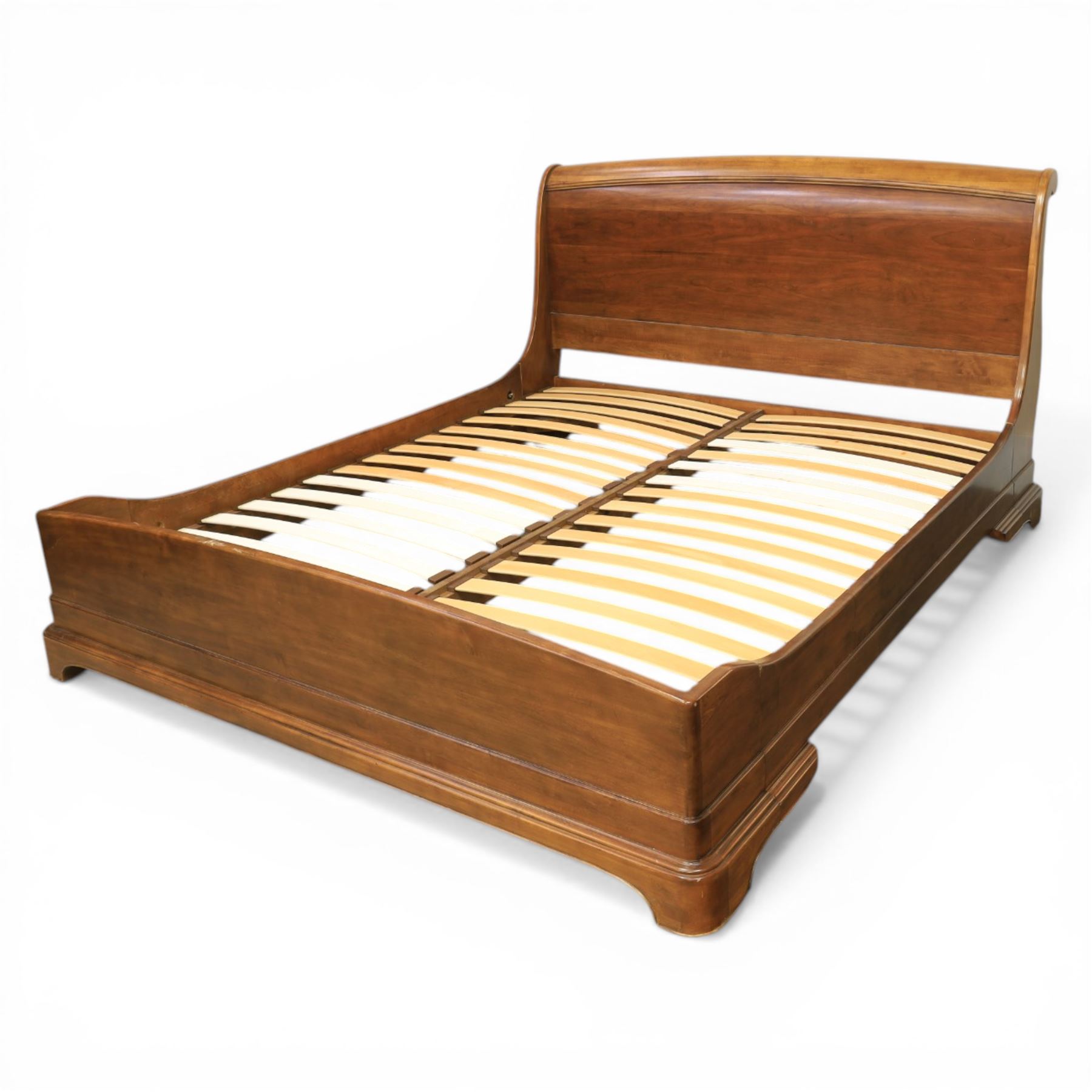 Willis & Gambier - French cherry sleigh bed, with scrolled headboard and shaped footboard, moulded frame on bracket feet, fitted with sprung wooden slats