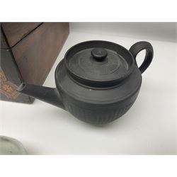 Victorian glass rolling pin, black basalt teapot, mother of pearl box with foliate engraving and sliding lid, and a wooden writing slope, with purple velvet interior, writing slope H14cm