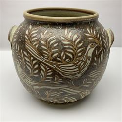 John Egerton (c1945-): studio pottery stoneware twin handled vase, decorated with birds in foliage on a mottled blue and brown ground, H28cm