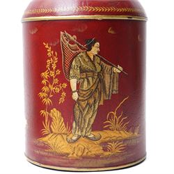 Pair of red toleware style tea cannisters, painted with fishermen, H36cm 