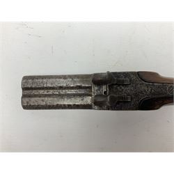 Mid 19th century double barrel percussion muff pistol, joined 7cm octagonal barrels with walnut stock19cm overall; a matching single barrel muff pistol 17cm overall (2)