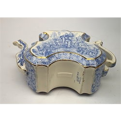 A Victorian Burgess and Leigh Aesthetic style blue and white teapot, decorated with an Indian hunting scene and heightened with gilt to edges, H17cm. 
