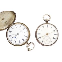 Victorian silver full hunter key wound fusee lever pocket watch by Cole & Son, Sherbourne, No. 783, case by James Oliver, London,1885 and one other silver open face fusee lever pocket watch, both with white enamel dials, Roman numeral hour markers and subsidiary seconds dials and two silver Albert chains with fobs