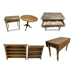 Victorian pine drop leaf table, with drawer, circular pine pedestal table, pine side table and two plate racks (5)