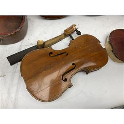 French violin for restoration with 36cm two-piece maple back and ribs and spruce top, bears label 'Lutherie Artistique M. Couturieux'; in wooden case; two modern three-quarter size violins in cases; and five violins for spares or repair