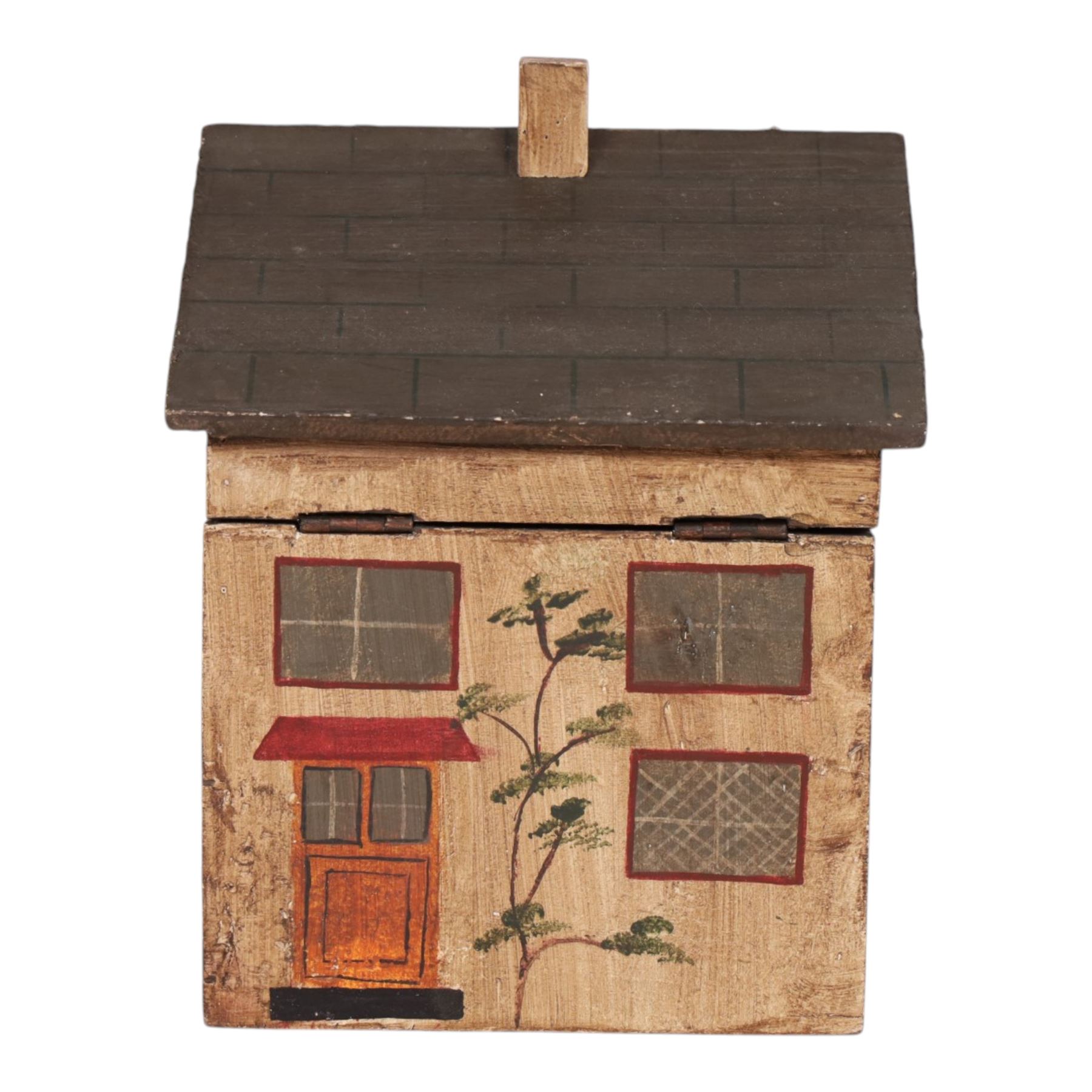 Wooden box in the form of a house, with hand painted details, H23cm