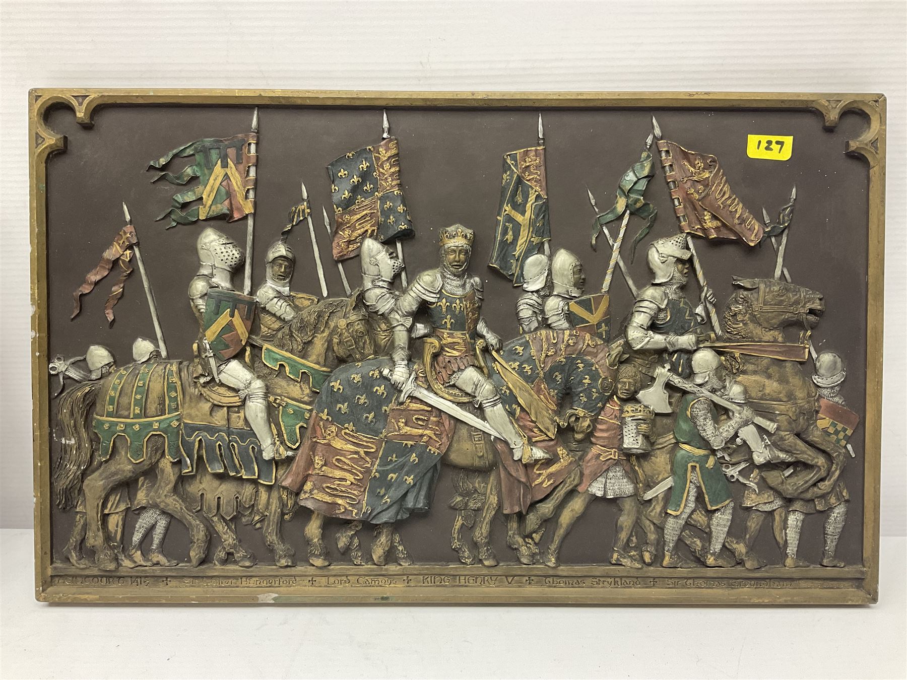 Ricardvs III wall plaque by Elizabeth Sharp for Marcus Replicas and another of medieval knights, largest H25cm, L41cm 