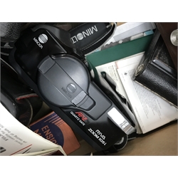 Large quantity of camera equipment in three boxes - Panasonic ZOOM C-900ZM 35mm camera, PENTAX sportmatic camera, RICOH 500 ME camera, Canon EOS 500N camera and lens boxed, Voigtlander VITO CLR camera, MAMIYA 16 camera, KODAK SIX-20 Junior, Minolta RIVA zoom 105i camera, PETRI 7 S camera, KODAK Duo 620 camera, Polaroid 600 Land Camera Spirit, auto teleplus 2x converter, Prinzflex auto 1:2.8, CANON zoom lens 80-200mm, various other cameras, lenses and cases