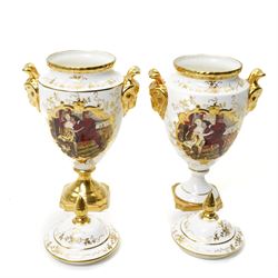 Two Coalport Romeo and Juliet vases, painted by Mary Dennis, blue printed marks to base, H24cm (2)