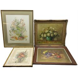 James Arthur Morris (British 20th Century): A Study of Flowers, watercolour signed, dated '96 verso; W M Birkett (British 20th Century): Bounty of the Forest, watercolour signed and dated 1984, together with an original still life oil and watercolour max 64cm x 50cm (4) 