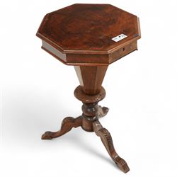 Victorian mahogany trumpet sewing or work table, moulded octagonal hinged lid with parquetry inlaid band, with fitted interior, on turned and foliage carved pedestal with three out-splayed supports 