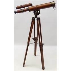  Brass and leather Telescope on tripod stand, H74cm   