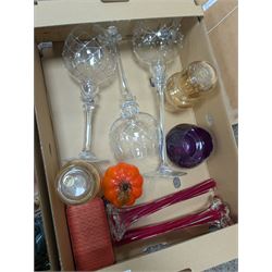 Collection of Art glass, including Langham Frog, apple and corn models, Murano style swan and vases, etc, in three boxes