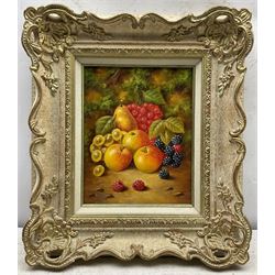 John F Smith (British 1934-): Still Life of Apples, pair oils on board signed 24cm x 19cm 
Notes: Smith was employed by Royal Worcester as a fruit painter between 1950 and 1971.